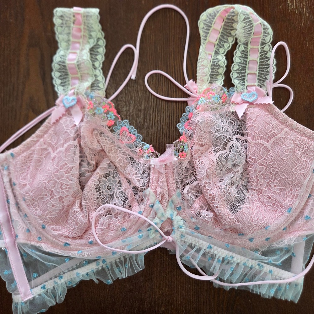 For Love Lemons Balconette Bra Lace Mesh Heart Print Tie Front Coquette - Picture 5 of 8